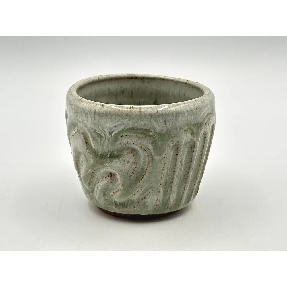 Olivia Coffee Studio Pottery Carved Celadon Green Wave Textured Cup Planter 3